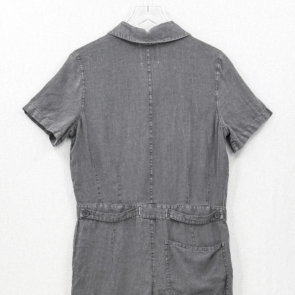 Zara Jumpsuit Women Extra Small Gray Utility 100% Linen Short Sleeve Button Up